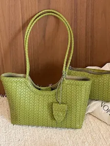 Women Large Capacity PU Leather Woven Tote Bag Casual Commuter Handbag Fashion Underarm Shoulder Bag