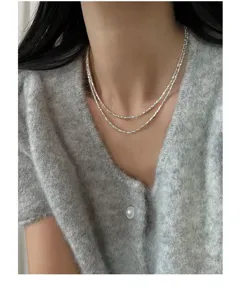 Elegante doppelschichtige Sterling Silber glitzernde Kette Halskette Damen Schmuck.