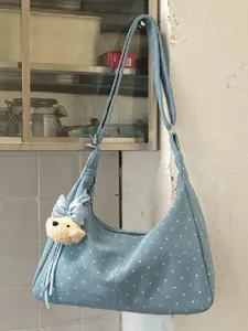 Women Polka Dot Shoulder Bag Large Capacity PU Leather Underarm Tote Bag Cute Bear Pendant Casual Crossbody Bag