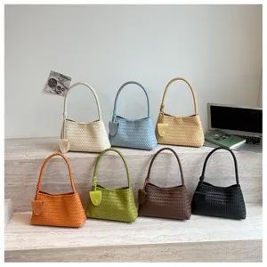 Woven shoulder bag underarm bag retro PU leather handbag stylish tote purse multi-color variant