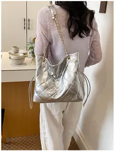 Silver Quilted Chain Tote Bag Slouchy Shoulder Handbag with Stylish Drawstring Closure