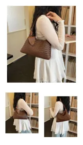 Retro brown woven leather shoulder bag stylish casual handbag for women daily commuting use.