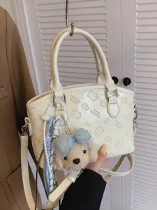 Women PU Leather Bucket Bag Cartoon Print Crossbody Bag Urban Minimalist Casual Shoulder Handbag with Cute Plush Pendant