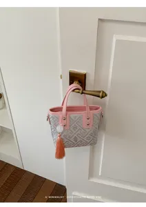 Nahaufnahme einer schicken rosa-grauen Retro-Mini-Henkeltasche an einer Zimmertür.