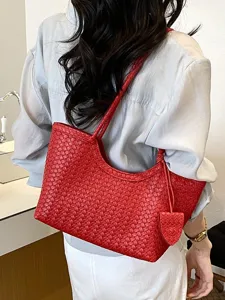 Red woven leather shoulder bag for women, large capacity casual tote for daily commuting.