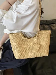 Yellow Woven Leather Tote Bag Large Capacity Casual Shoulder Handbag for Women Daily Commute