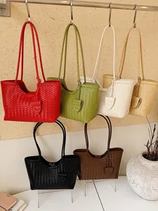 Large capacity woven PU leather tote bag fashion casual handbag for women commuting daily use.