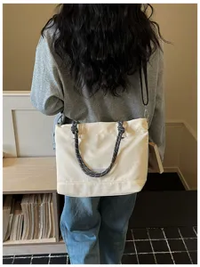 Casual canvas tote bag, large capacity shoulder crossbody bag with thick rope handles.