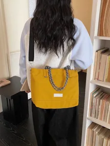 Casual large capacity canvas tote bag for women, stylish shoulder crossbody handbag, yellow.