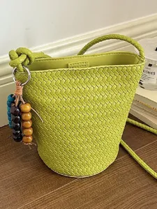 Women Fashion Woven Bucket Bag PU Leather Retro Casual Solid Color Shoulder Crossbody Bag With Pendant Top Handle Handbag