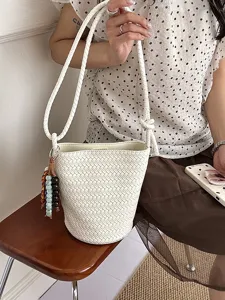 Stylish white woven bucket bag for women, chic casual shoulder and crossbody bag for summer.