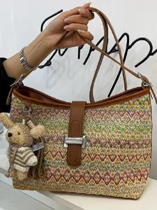 Dames Boheemse Stro Emmer Tas Grote Capaciteit Casual Strand Schouder Crossbody Tas Geweven Handtas Met Hanger