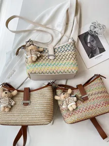 Dames geweven stro emmer tas boho schouder crossbody handtas zomer strandtas met berenhanger