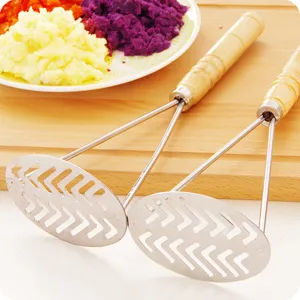 Stainless Steel Potato Masher with Wooden Handle Heavy Duty Kitchen Potato Ricer Fruit Vegetable Masher Tool