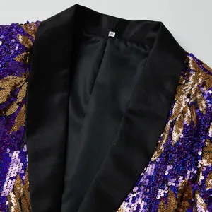 Herren Pailletten Blazer Detail Jacke Satin Revers lila gold Bühne Performance Kostüm