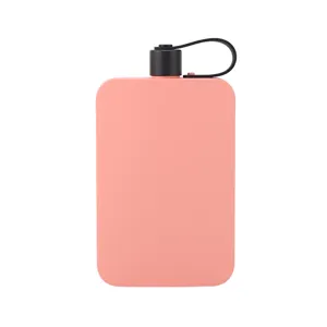 Portable flat stainless steel water bottle for outdoor travel, stylish pink minimalist design.