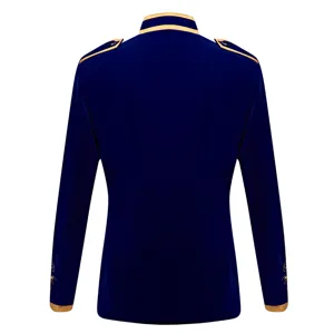 Men Royal Blue Velvet Vintage Court Jacket Gold Trim Long Sleeve Prince Performance Costume