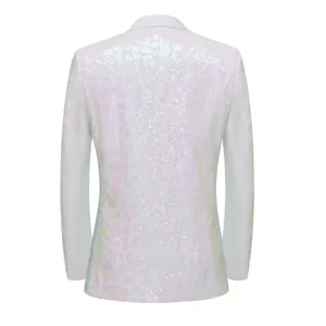 Back detail of men's white geometric sequin blazer jacket, elegant party stage costume.