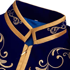Men blue velvet palace jacket collar detail with gold embroidery, stage performance costume.