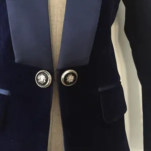Women dark blue velvet blazer with satin lapel and crest metal buttons slim fit suit jacket