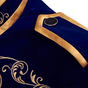 Men royal blue velvet jacket detail, gold embroidery royal court stage performance costume