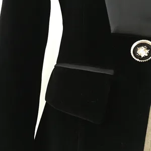 Close-up detail of women's black velvet blazer pocket, luxury fashion style clothing.