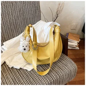 Borsa a spalla gialla casual di grande capacità da donna, elegante borsa a mezzaluna.