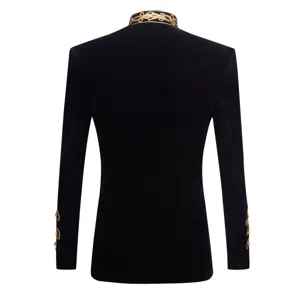 Blazer de cour en velours pour homme col officier brodé d'or veste rétro formelle dos