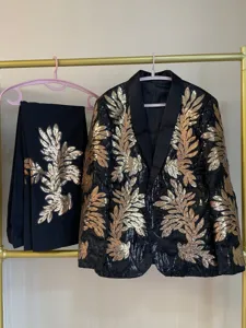 Traje Hombre Negro Oro Lentejuelas Hoja Aplique Chaqueta Pantalón Actuación Escena