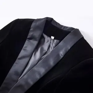 Elegant black velvet blazer for women featuring a chic satin shawl lapel and slim fit design.