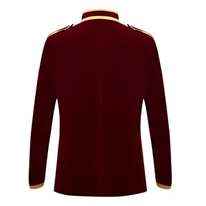 Detailed view of back burgundy velvet jacket featuring gold trim collar and cuffs.