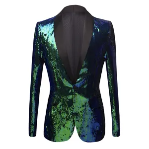 Men's blue green sequin blazer single button shawl lapel party stage performance jacket