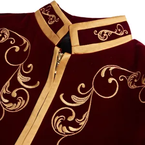 Detailed view of men's vintage velvet zip jacket with luxurious gold embroidery and collar trim.
