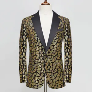 Detailed view of men's sequin blazer with black satin lapel and gold geometric pattern.