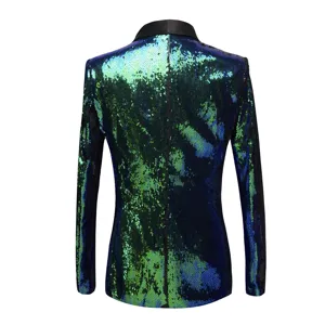 Men's stylish blue green sequin blazer jacket stage performance party nightclub DJ coat