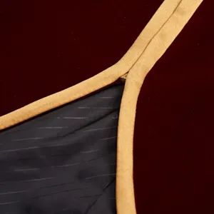 Detailed view of men's court vintage velvet jacket featuring elegant gold trim and black lining.