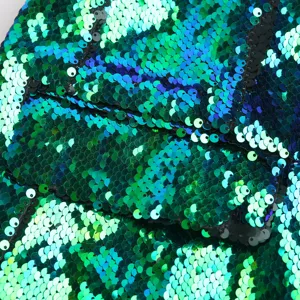 Detailed close-up of vibrant green and blue sequin fabric for men's stage performance blazer.
