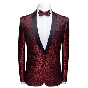 Κομψό ανδρικό μπορντό λουλουδάτο σακάκι blazer με μαύρο σάλι για επίσημο πάρτι.