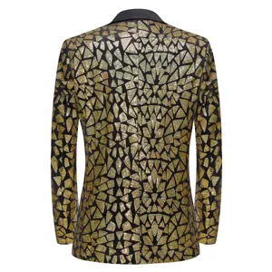 Men's gold triangle sequin blazer back detail, elegant party suit jacket for evening events.