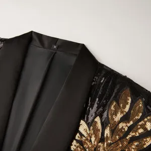 Men's luxury gold sequin blazer collar detail, stylish black formal suit jacket for party.