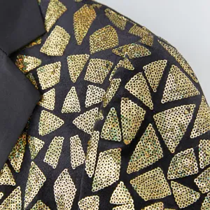 Detailed close-up view of men's black sequin suit jacket, featuring sparkling gold triangle pattern.