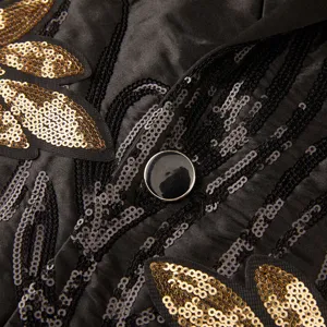Men's luxury gold sequin embroidered suit jacket detail, stylish stage party blazer apparel.