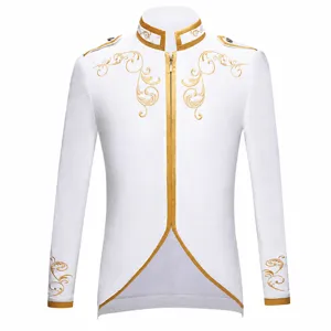 Men Retro Court Style Embroidered Jacket Gold Trim Stand Collar Long Sleeve Zipper Outerwear For Stage Performance Party