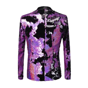 Detailed back view of a stylish purple sequin blazer for men, perfect for stage performances.