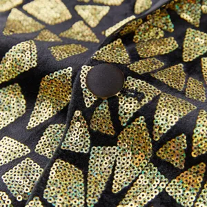 Black velvet fabric detail with golden triangle sequins for men's sequin blazer jacket.