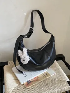 Borsa a tracolla nera casual, borsa a mezzaluna crossbody in pelle PU minimalista.