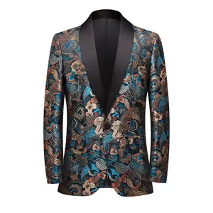 Veste Blazer Décontractée Jacquard Vintage pour Hommes Coupe Cintrée Style Britannique Imprimé Floral Paisley Un Bouton
