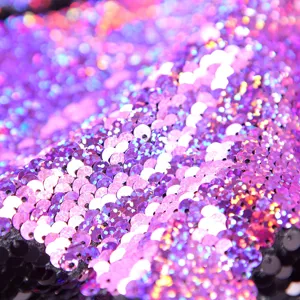 Detailed close-up of vibrant purple pink sequin fabric texture, shimmering glossy finish.