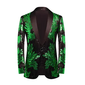 Men's green sequin leaf blazer jacket, black shawl lapel stylish party stage suit.