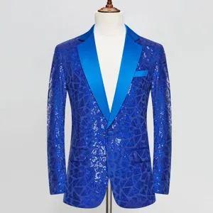 Detail shot of the blue sequin men's blazer featuring geometric triangle pattern and satin lapel.